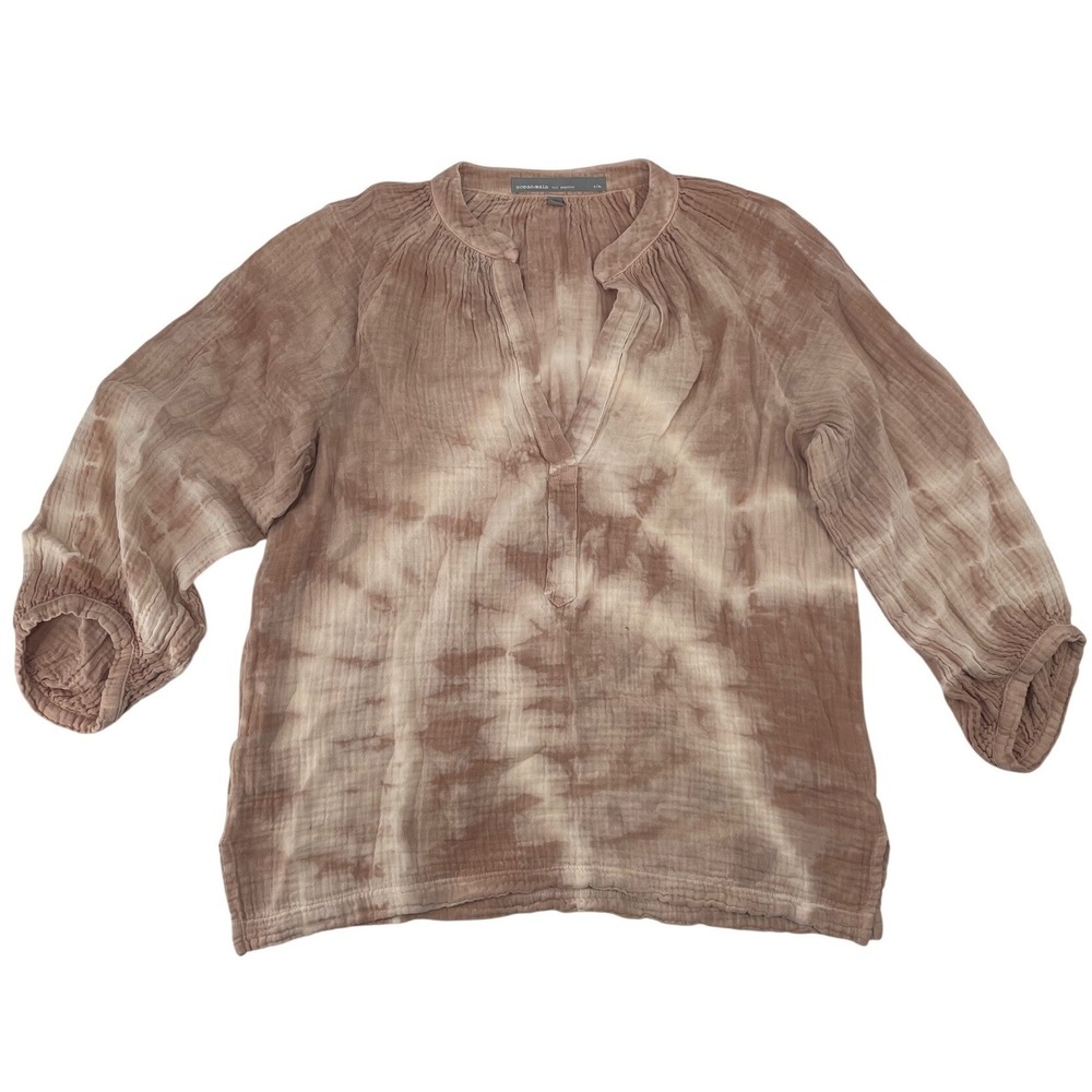 Ocean+Main Tunic Top S/M Brown Tie Dye Good Gauze Cotton V-Neck Boho Made in USA
